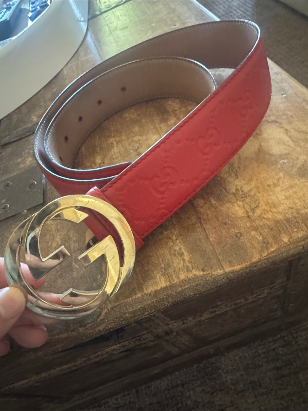 Gucci Red Embossed Leather Belt with Gold Double G Buckle